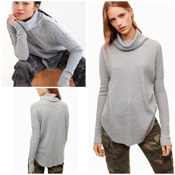 TNA Sweaters - TNA Aritzia Loose Cowl Neck Long Sleeve Waffle Top Heather Grey